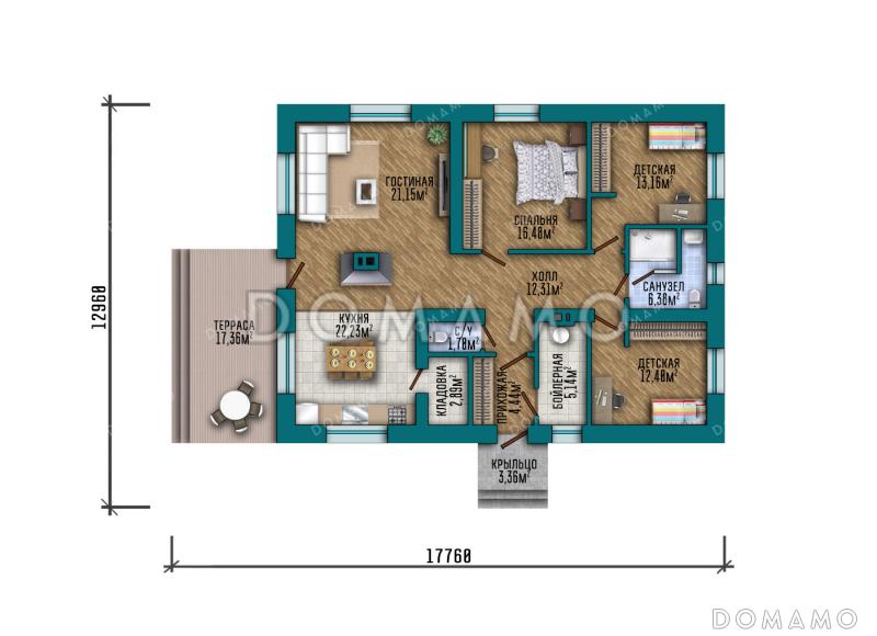 Проект одноэтажного дома с 3 спальнями и открытой террасой / План 1 этажа