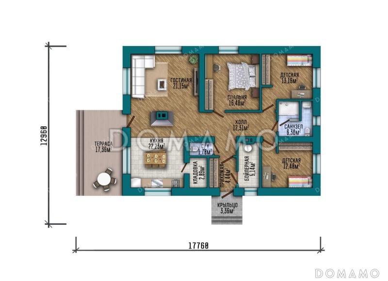 Проект одноэтажного дома с 3 спальнями и открытой террасой / План 1 этажа