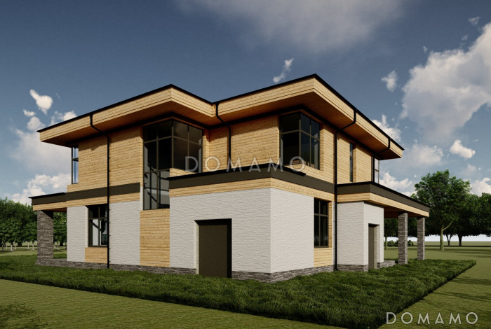 Проект просторного дома с навесом, верандой, сауной, 4 спальнями и кабинетом Проект просторного дома с навесом, верандой, сауной, 4 спальнями и кабинетом