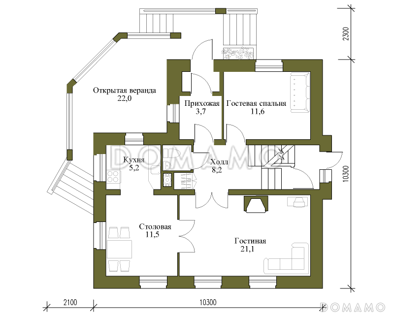 Проект коттеджа с большой террасой и небольшим подвалом. / План 1 этажа