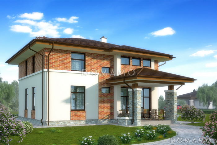 Проект двухэтажного коттеджа с панорамным остеклением на террасу и со вставками красного кирпича Проект двухэтажного коттеджа с панорамным остеклением на террасу и со вставками красного кирпича