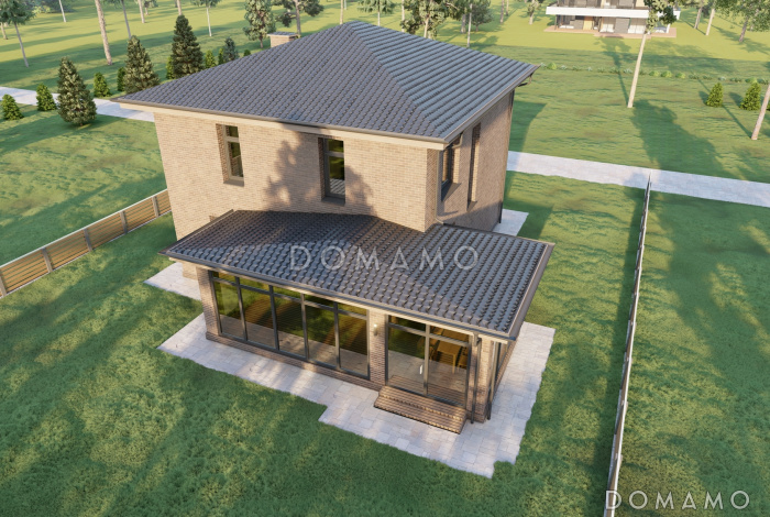 Проект двухэтажного дома с верандой, 4 спальнями, кухней-гостиной и местами для хранения Проект двухэтажного дома с верандой, 4 спальнями, кухней-гостиной и местами для хранения