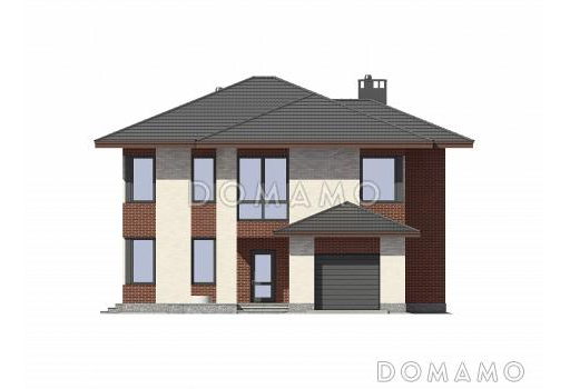 Проект загородного дома из СИП панелей с четырьмя спальными комнатами и гаражом для одного автомобиля / Фасад 1