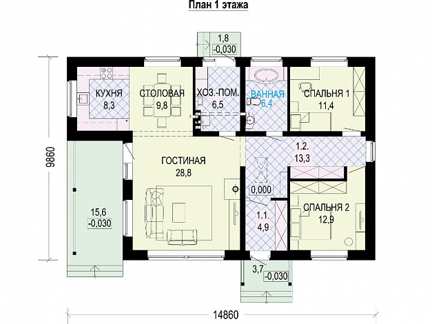 Проект одноэтажного компактного дома из газобетона с двумя спальнями, просторной дневной зоной и крытой террасой / План 1 этажа