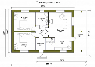 Проект одноэтажного дома с камином в гостиной и крытой террасой / План 1 этажа Проект одноэтажного дома с камином в гостиной и крытой террасой / План 1 этажа
