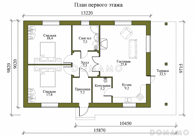 Проект одноэтажного дома с камином в гостиной и крытой террасой / План 1 этажа Проект одноэтажного дома с камином в гостиной и крытой террасой / План 1 этажа