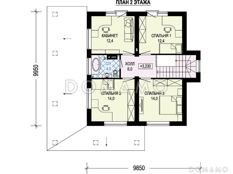 Проект двухэтажного дома из газобетона с пятью комнатами и крытой террасой / План 2 этажа