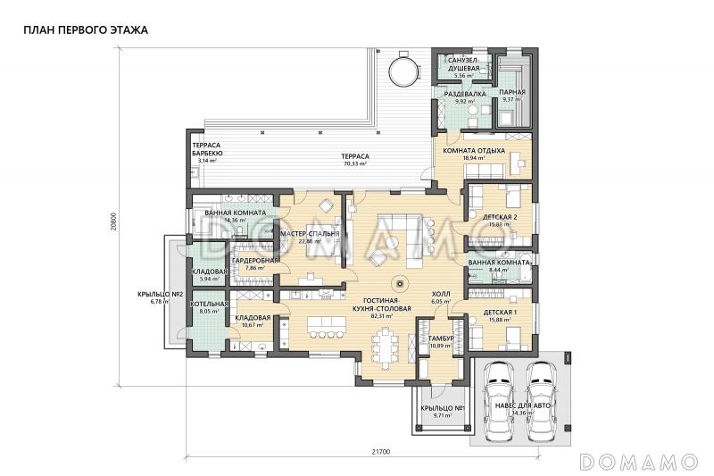 Проект дома из газобетона с сауной, 3 спальнями, террасой барбекю и навесом на 2 машины / План 1 этажа