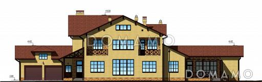 Проект двухэтажного дома с цокольным этажом, бассейном и гаражом на два автомобиля / Фасад 1