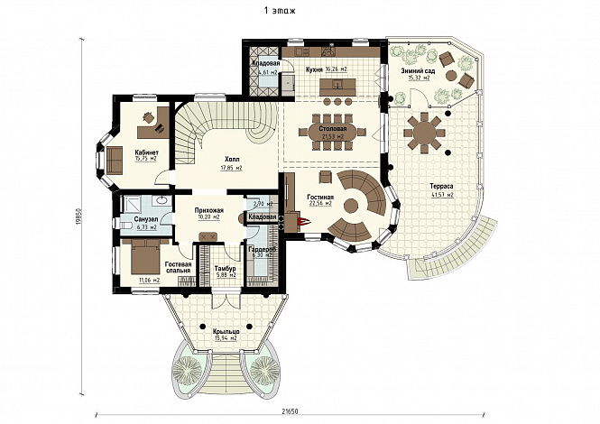 Проект семейного родового дома с террасой, балконами, кабинетами, спортивным залом, сауной / План 1 этажа