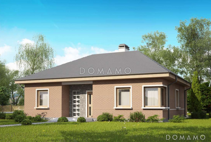 Проект одноэтажного дома из газобетона с кирпичными фасадами с тремя спальнями, светлой гостиной и угловым окном в кухне Проект одноэтажного дома из газобетона с кирпичными фасадами с тремя спальнями, светлой гостиной и угловым окном в кухне