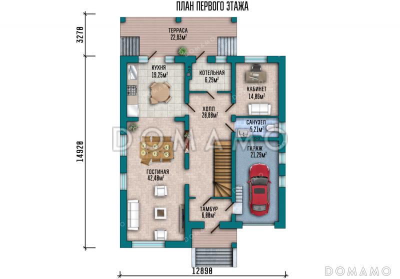 Проект дома с зоной отдыха и спортзалом в подвале, 3 спальнями и вместительной кладовой / План 1 этажа