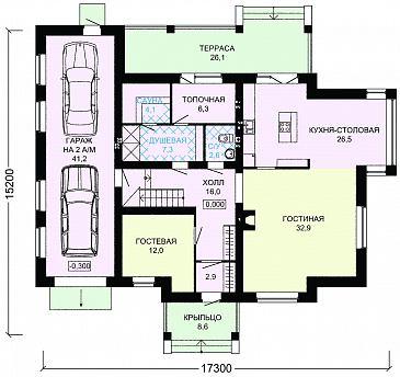 Проект двухэтажного дома с гаражом и небольшой сауной / План цокольного этажа