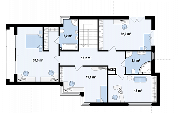 Проект современного двухэтажного дома из кирпича в стиле модерн с пятью спальнями, с гаражом, угловой террасой и балконом над ней / План 2 этажа Проект современного двухэтажного дома из кирпича в стиле модерн с пятью спальнями, с гаражом, угловой террасой и балконом над ней / План 2 этажа