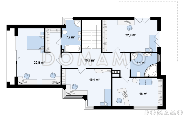 Проект современного двухэтажного дома из кирпича в стиле модерн с пятью спальнями, с гаражом, угловой террасой и балконом над ней / План 2 этажа