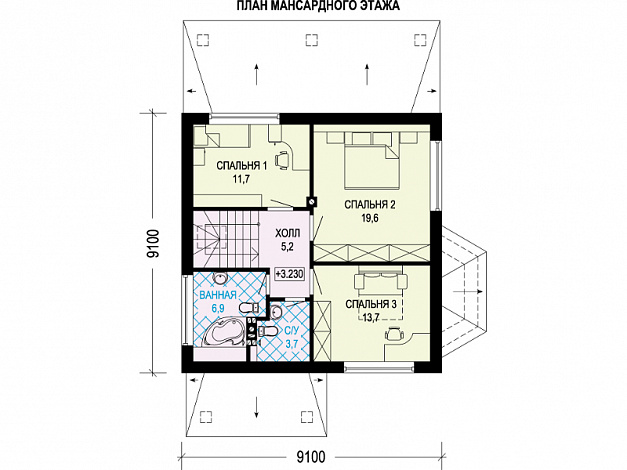 Проект дома с эркером в кухне, террасой, гостевой комнатой на первом этаже / План мансардного этажа