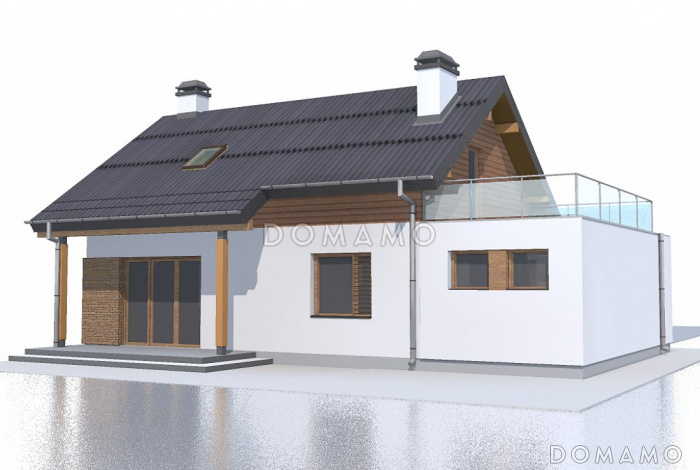 Проект компактного одноэтажного мансардного дома из газобетона с кабинетом, тремя спальнями и открытой террасой над гаражом Проект компактного одноэтажного мансардного дома из газобетона с кабинетом, тремя спальнями и открытой террасой над гаражом