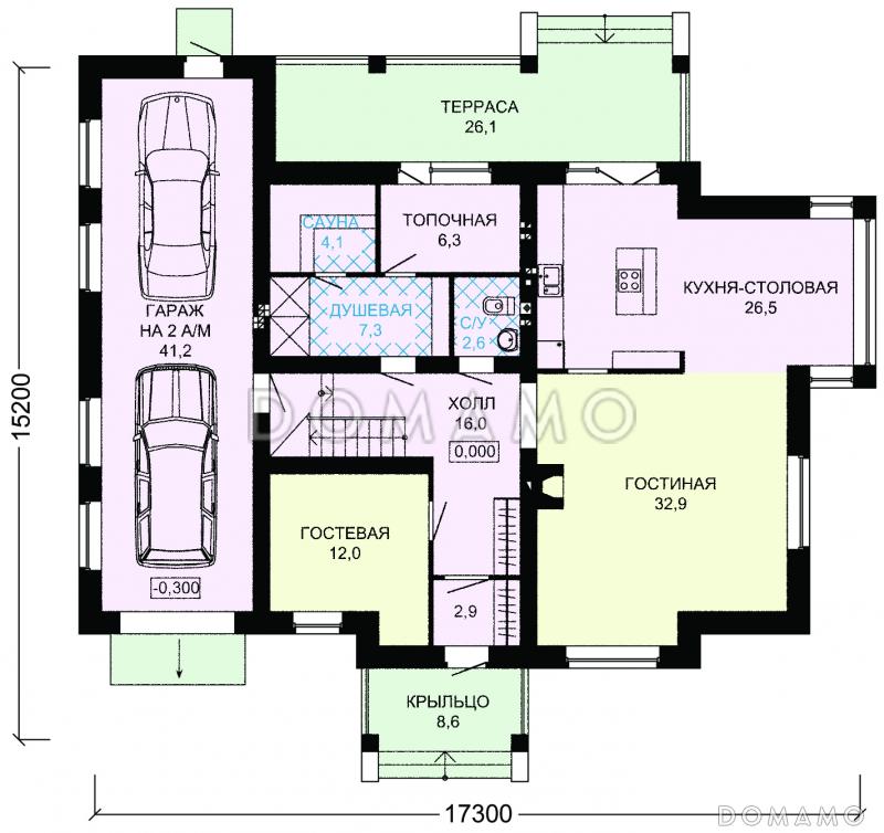 Проект двухэтажного дома с гаражом и небольшой сауной / План цокольного этажа