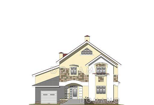 Проект дома из пеноблоков с гостевой комнатой на первом этаже и гаражом для одного автомобиля / Фасад 1