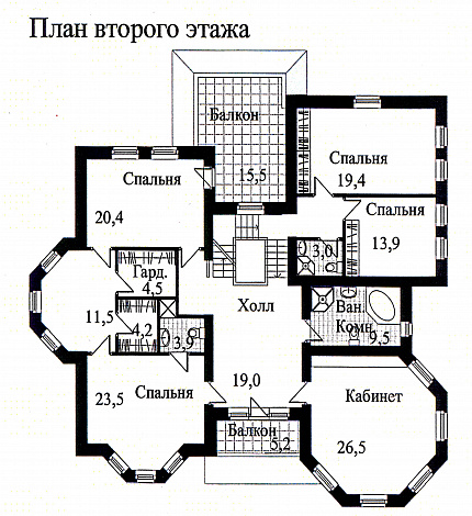 Проект дома из кирпича с необычной в плане каминной комнатой / План 2 этажа