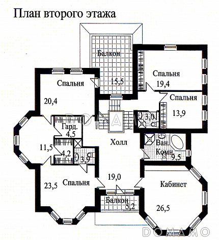 Проект дома из кирпича с необычной в плане каминной комнатой / План 2 этажа Проект дома из кирпича с необычной в плане каминной комнатой / План 2 этажа