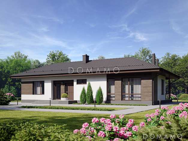 Проект одноэтажного газобетонного дома с барбекю на террасе и двумя спальнями