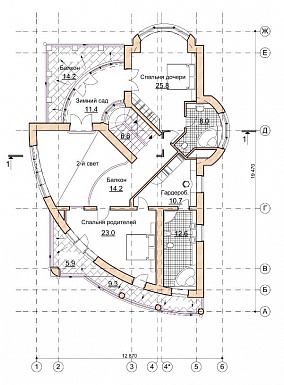 Проект коттеджа с двусветной гостиной и зимним садом / План 2 этажа Проект коттеджа с двусветной гостиной и зимним садом / План 2 этажа