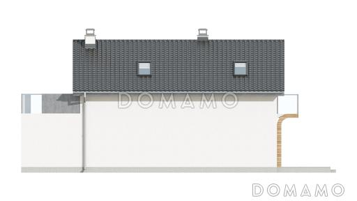 Проект мансардного одноэтажного дома из кирпича с тремя спальнями, гаражом и террасой над ним / Фасад 3