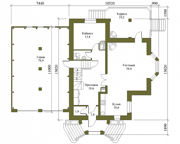 Проект трёхэтажного коттеджа с гаражом, подвалом и бассейном / План 1 этажа