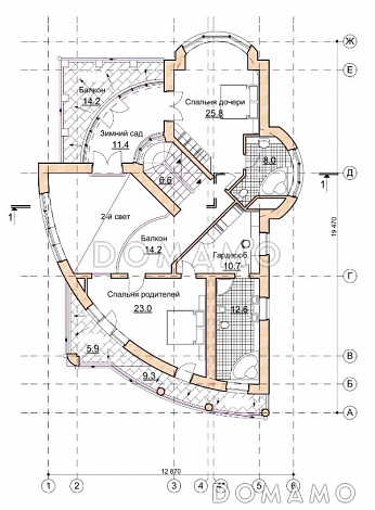 Проект коттеджа с двусветной гостиной и зимним садом / План 2 этажа Проект коттеджа с двусветной гостиной и зимним садом / План 2 этажа