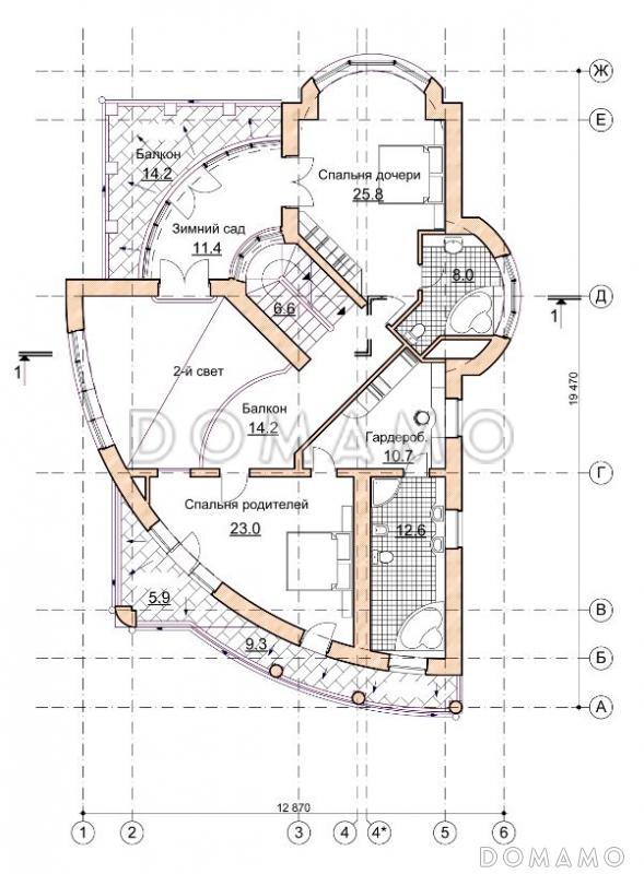 Проект коттеджа с двусветной гостиной и зимним садом / План 2 этажа