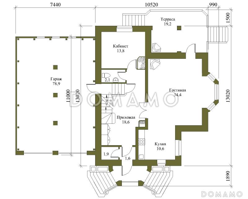 Проект трёхэтажного коттеджа с гаражом, подвалом и бассейном / План 1 этажа