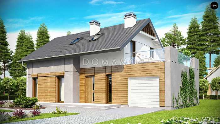 Проект одноэтажного мансардного дома из газобетона с дополнительной спальней на первом этаже, гаражом и террасой над ним