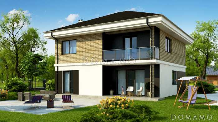 Проект современного двухэтажного дома из кирпича с четырьмя комнатами, большим тех помещением и балконом Проект современного двухэтажного дома из кирпича с четырьмя комнатами, большим тех помещением и балконом