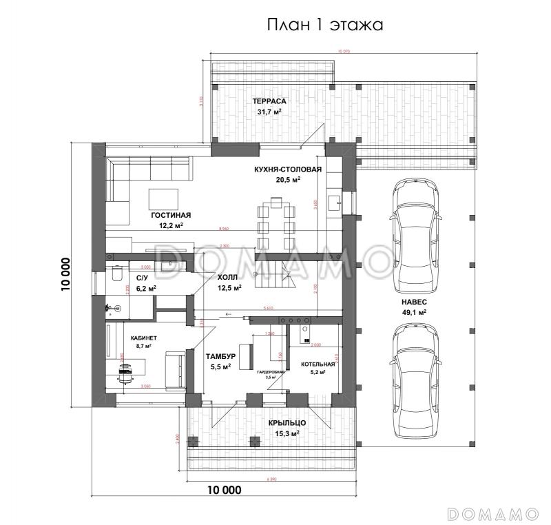 Проект двухэтажного дома с 3 спальнями, кабинетом и автонавесом / План 1 этажа