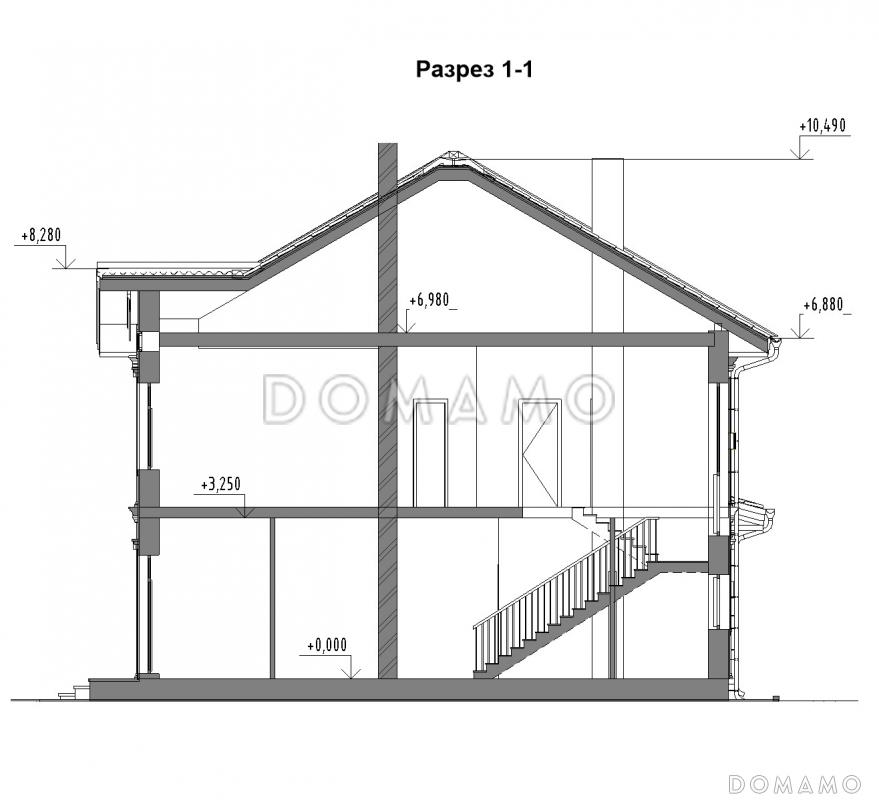 Проект загородного дома с верандой, полукруглым крыльцом, французским балконом, вытянутой кухней-гостиной-столовой / 5