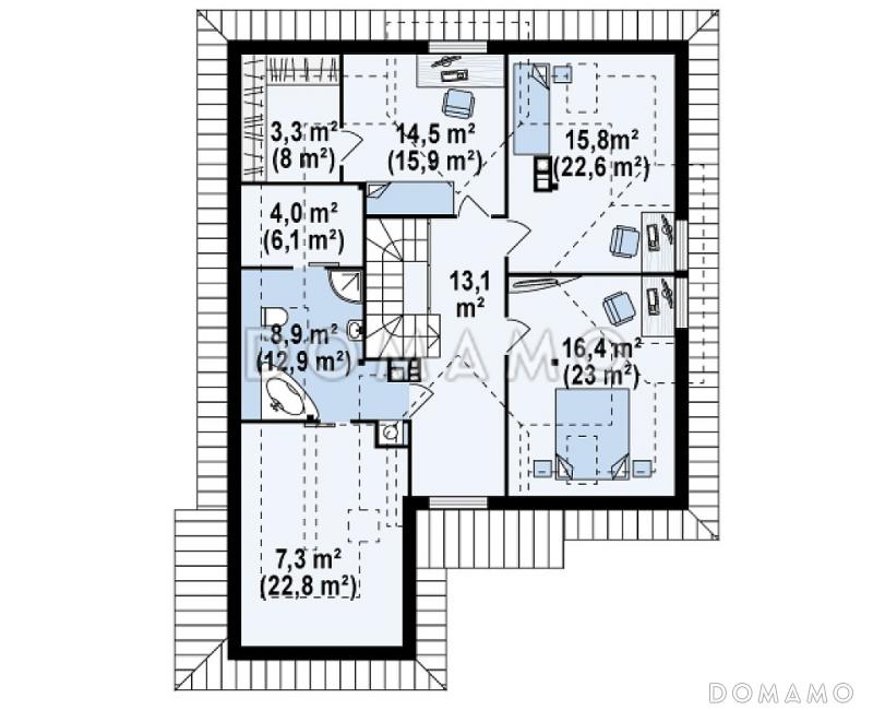 Проект просторного одноэтажного мансардного дома из газобетона с кабинетом, эркером и гаражом / План мансардного этажа