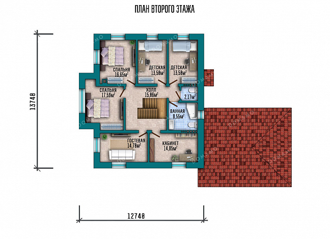 Проект двухэтажного дома с подвалом и гаражом на два автомобиля / План 2 этажа