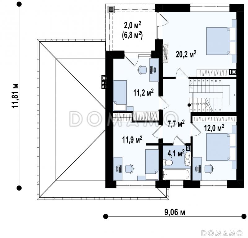 Проект загородного дома с гаражом на один автомобиль, кабинетом, крытой террасой,  балконом / План 2 этажа