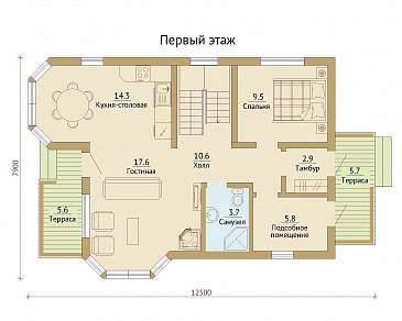 Проект двухэтажного каркасного дома с эркерами / План 1 этажа