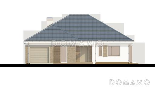 Проект одноэтажного дома из газобетона со стеклянным эркером в столовой зоне, четырьмя спальнями и гаражом / Фасад 1