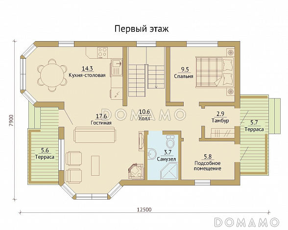 Проект двухэтажного каркасного дома с эркерами / План 1 этажа