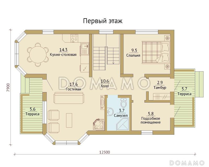 Проект двухэтажного каркасного дома с эркерами / План 1 этажа