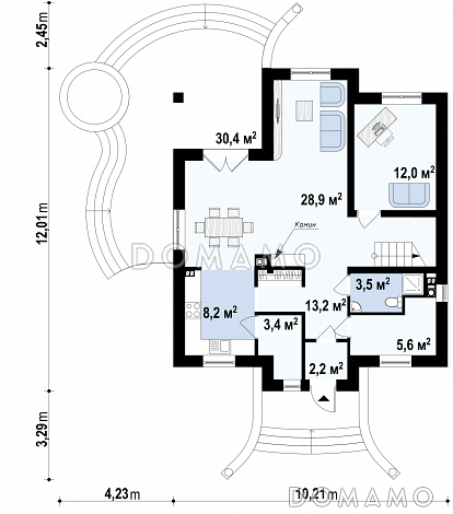 Проект классического одноэтажного мансардного дома из кирпича с кабинетом, хозяйственным помещением и с балконами в каждой из трёх спален / План 1 этажа