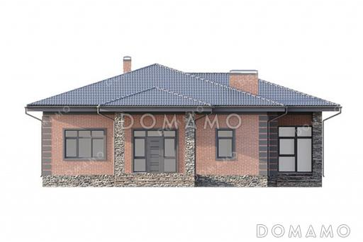 Проект уютного одноэтажного дома с крытой террасой, застекленной верандой, тремя спальнями и двумя санузлами / Фасад 4