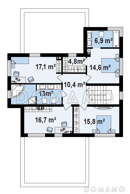 Проект просторного двухэтажного дома из кирпича с четырьмя спальнями,  гаражом и сауной / План 2 этажа