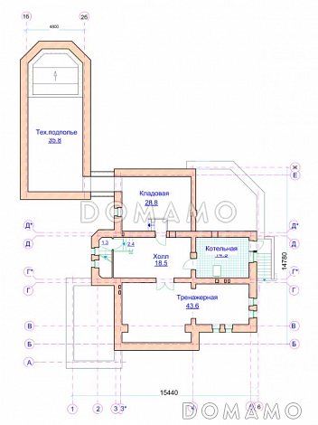 Проект коттеджа с двусветной гостиной, отдельным бассейном и гаражом / План цокольного этажа Проект коттеджа с двусветной гостиной, отдельным бассейном и гаражом / План цокольного этажа