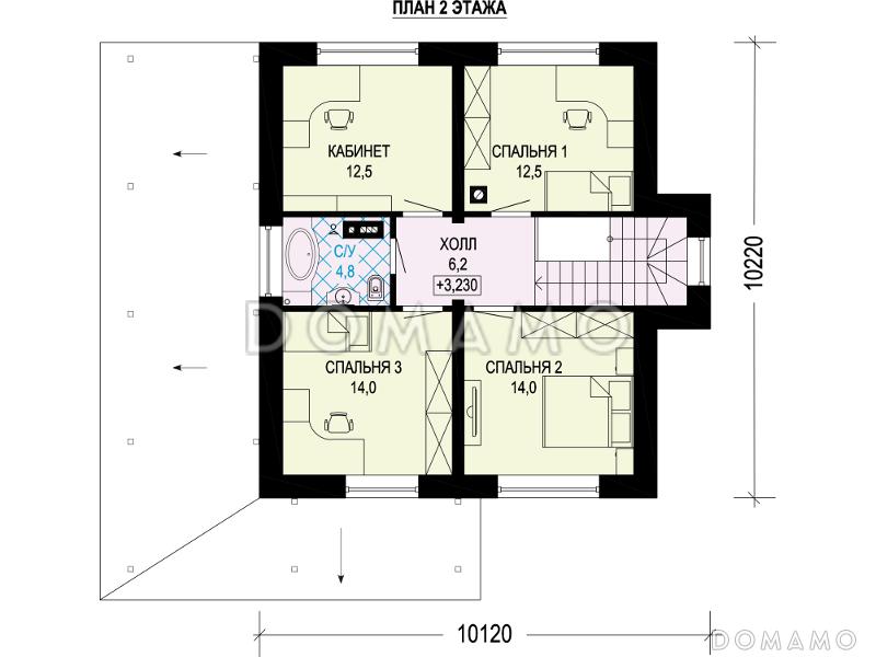 Проект дома с большой крытой террасой, комнатой на первом этаже, кабинетом / План 2 этажа
