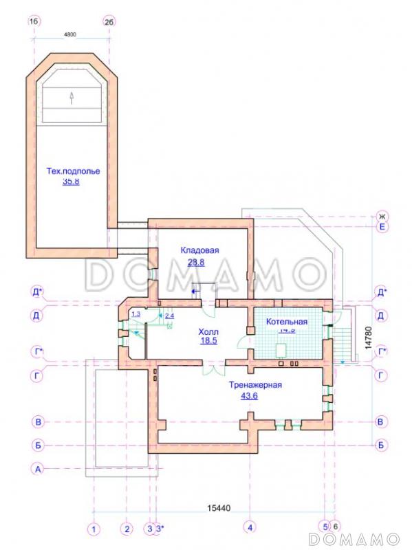 Проект коттеджа с двусветной гостиной, отдельным бассейном и гаражом / План цокольного этажа