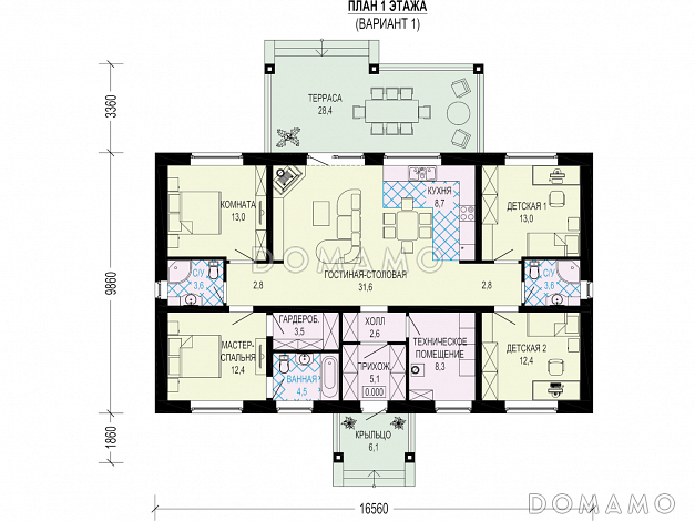 Проект одноэтажного дома из газобетона с 4 комнатами и 3 санузлами и крытой террасой / План 1 этажа